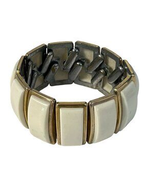 Vintage Panel Link Bracelet White Lucite Gold Tone Stretch Wide Bracelet Retro M